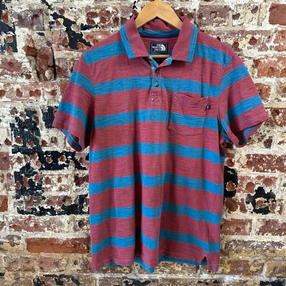 North Face Red Blue Striped Polo Shirt Golf Casual Short Sleeve Men Medium